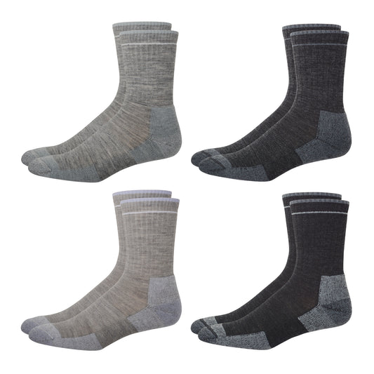 Four pairs of grey and black merino wool socks.