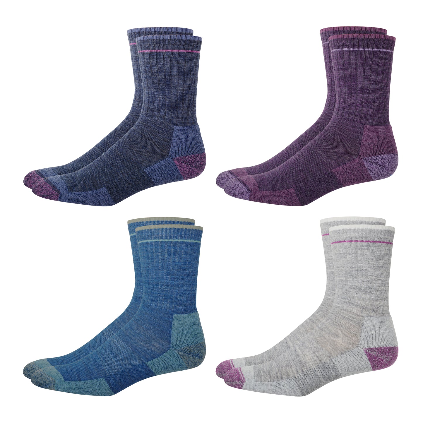 Four pairs of merino wool women's socks. Mixture of blue, purple and gray. 
