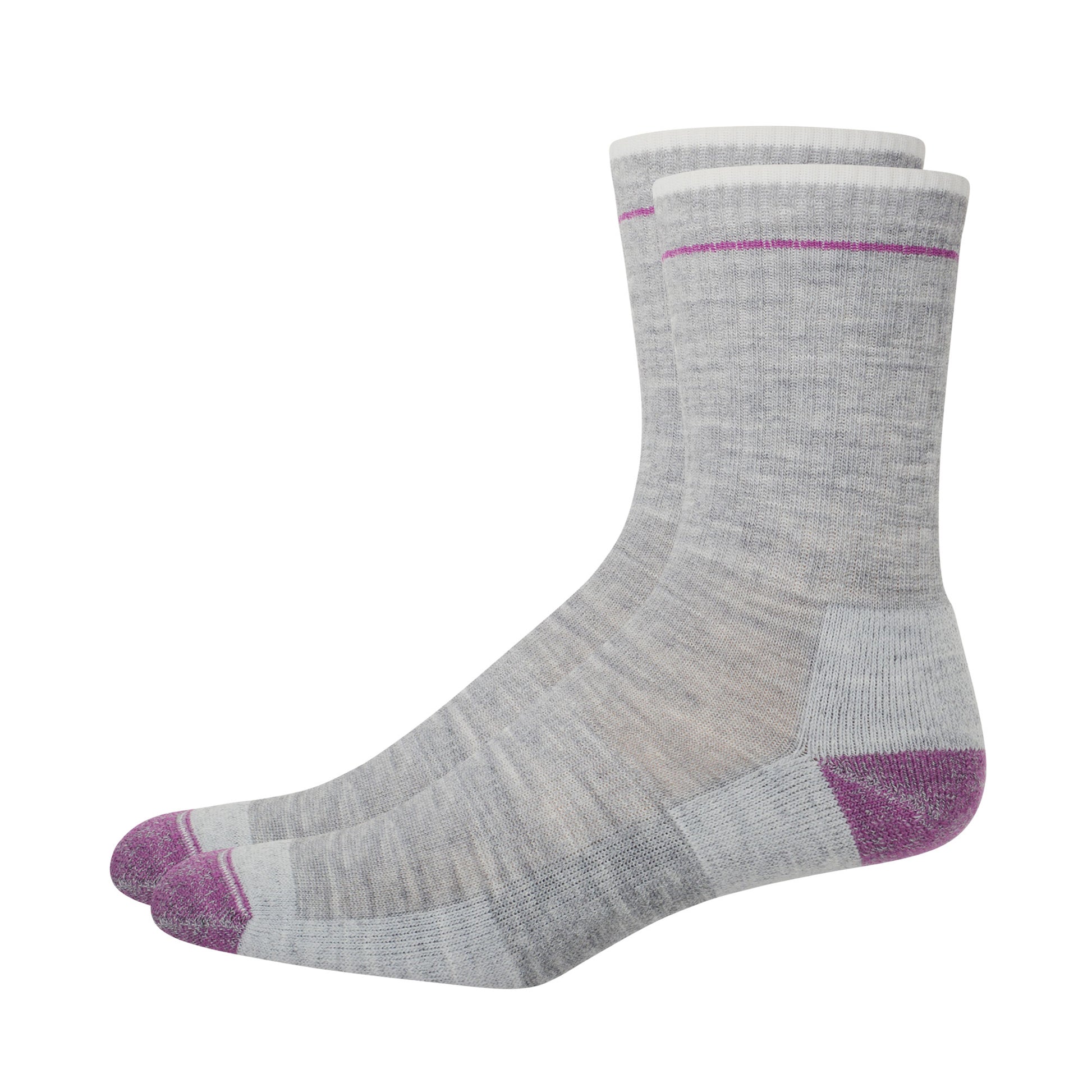 Pair of gray and purple merino wool outdoor socks. 